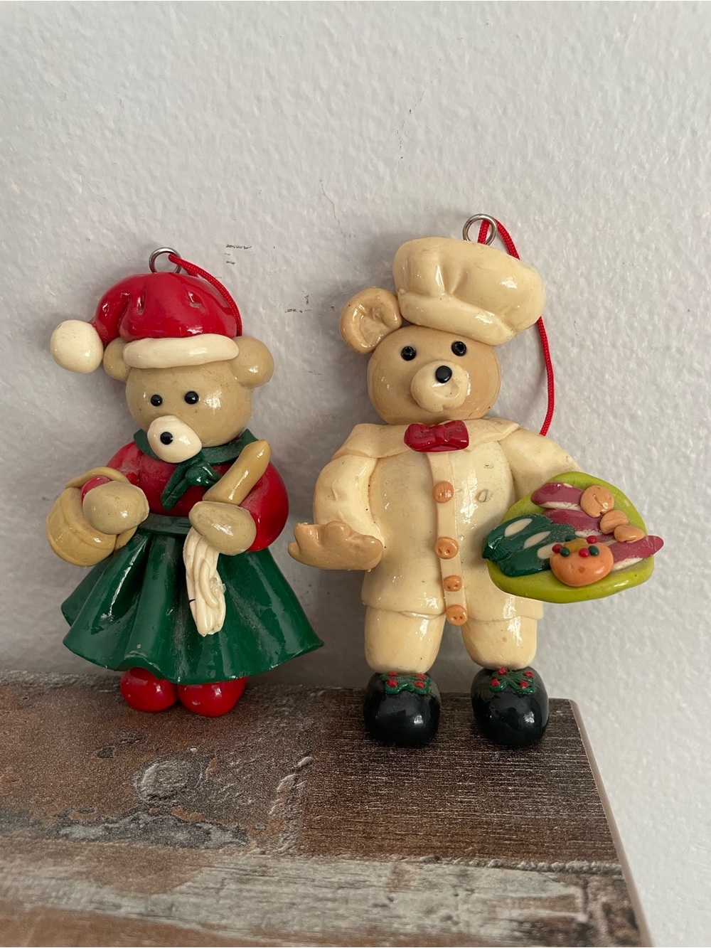 Vintage Glazed Salt Dough Type Christmas Bear Chef Holiday Ornaments set of 2